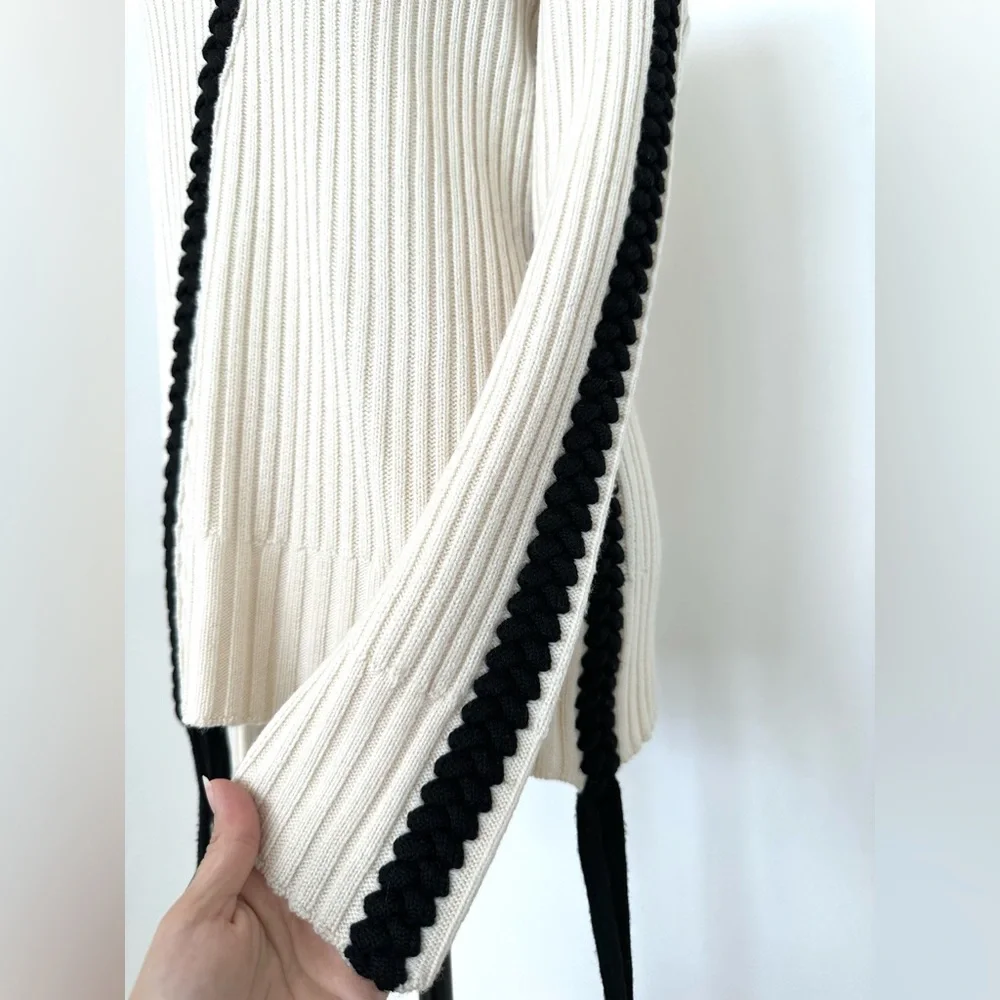 Derek Lam 10 Crosby Ribbed Wool Crewneck Sweater with Braided Detail in Ivory
